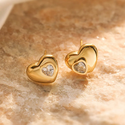 1 Pair Simple Style Heart Shape Plating Inlay Titanium Steel Zircon 18k Gold Plated Drop Earrings Ear Studs