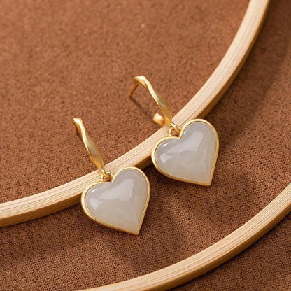 1 Pair Simple Style Heart Shape Sterling Silver Inlay Hetian Jade Drop Earrings