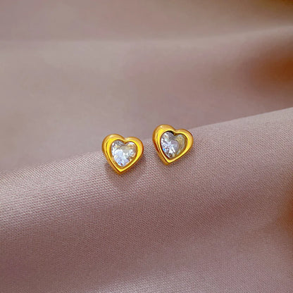 1 Pair Simple Style Heart Shape Titanium Steel Inlay Zircon Ear Studs