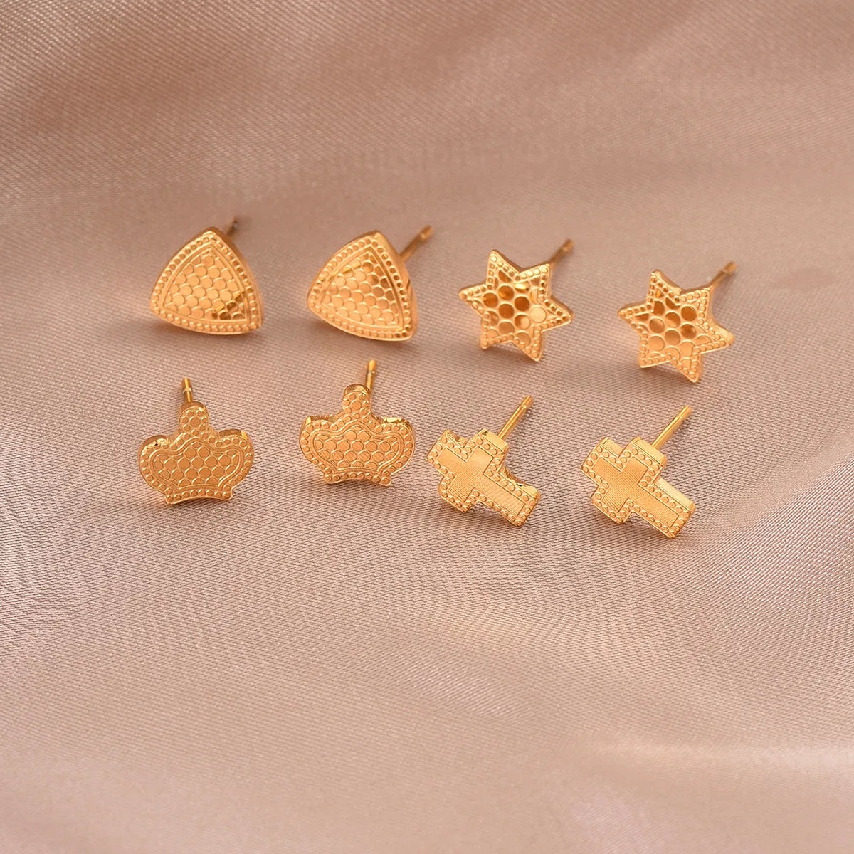 1 Pair Simple Style Hexagon Cross Crown Plating Stainless Steel 14k Gold Plated Ear Studs