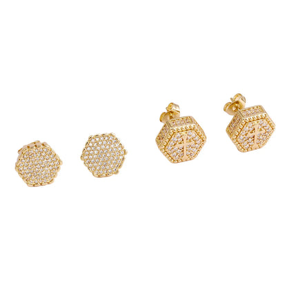 1 Pair Simple Style Hexagon Cross Plating Inlay Copper Zircon 18k Gold Plated Ear Studs