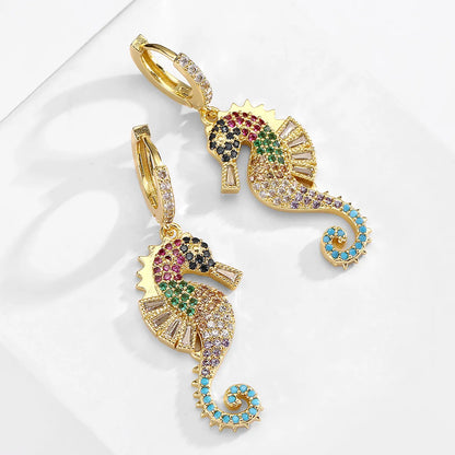 1 Pair Simple Style Hippocampus Plating Inlay Copper Zircon 18k Gold Plated Drop Earrings