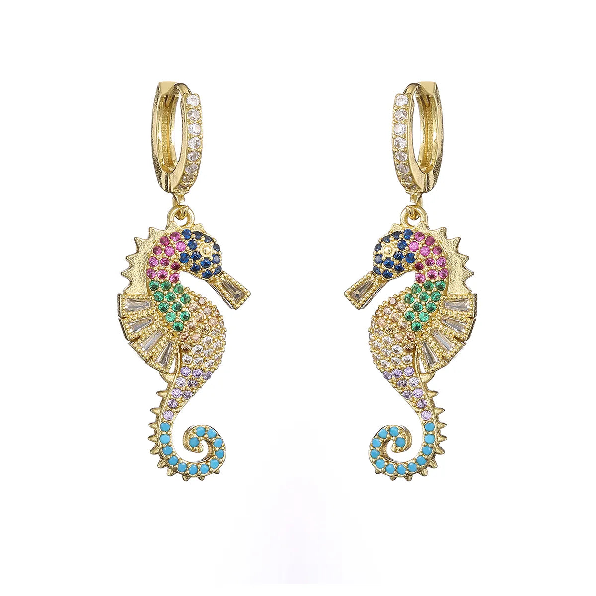 1 Pair Simple Style Hippocampus Plating Inlay Copper Zircon 18k Gold Plated Drop Earrings