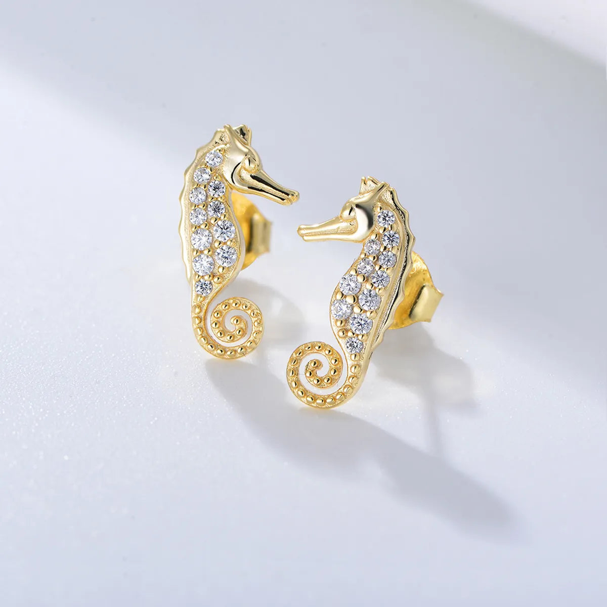 1 Pair Simple Style Hippocampus Sterling Silver Inlay Zircon Ear Studs