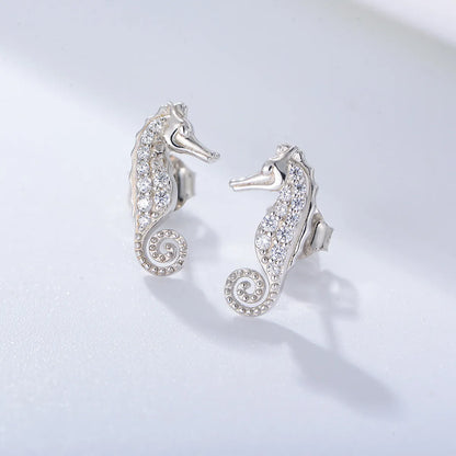 1 Pair Simple Style Hippocampus Sterling Silver Inlay Zircon Ear Studs