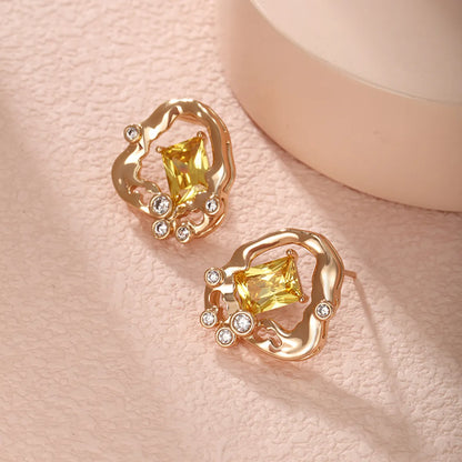 1 Pair Simple Style Irregular Rectangle Plating Hollow Out Inlay Alloy Copper Alloy Artificial Gemstones 18k Gold Plated Ear Studs