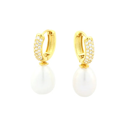 1 Pair Simple Style Irregular Round Plating Inlay Freshwater Pearl Copper Pearl Zircon 18k Gold Plated Drop Earrings