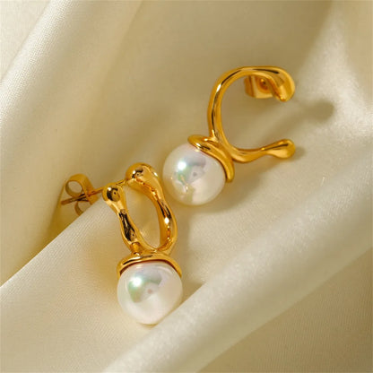 1 Pair Simple Style Irregular Three-Dimensional Inlay 304 Stainless Steel Artificial Pearls 18K Gold Plated Drop Earrings