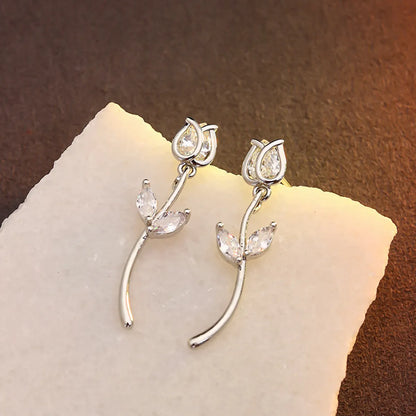 1 Pair Simple Style Leaf Flower Inlay Copper Zircon Ear Studs