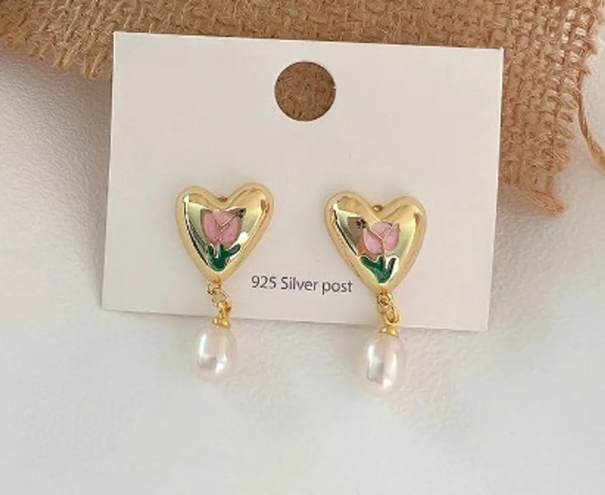 1 Pair Simple Style Leaf Heart Shape Flower Inlay Copper Zircon Drop Earrings