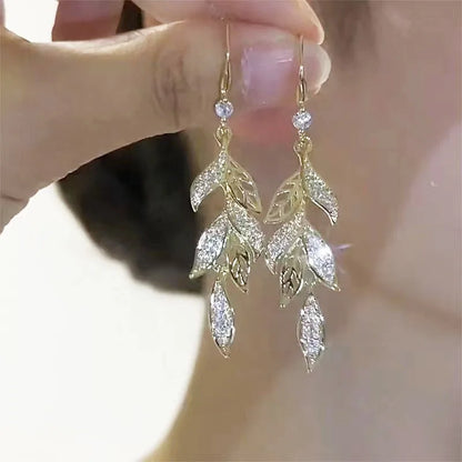 1 Pair Simple Style Leaf Inlay Alloy Zircon Drop Earrings