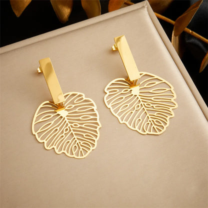 1 Pair Simple Style Leaves Hollow Out 304 Stainless Steel 18K Gold Plated Drop Earrings