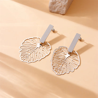 1 Pair Simple Style Leaves Hollow Out 304 Stainless Steel 18K Gold Plated Drop Earrings