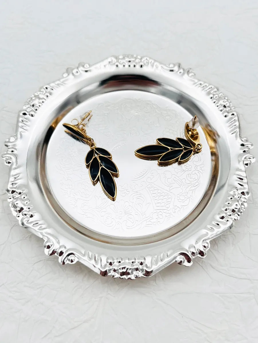 1 Pair Simple Style Leaves Inlay Stainless Steel Obsidian 18K Gold Plated Drop Earrings