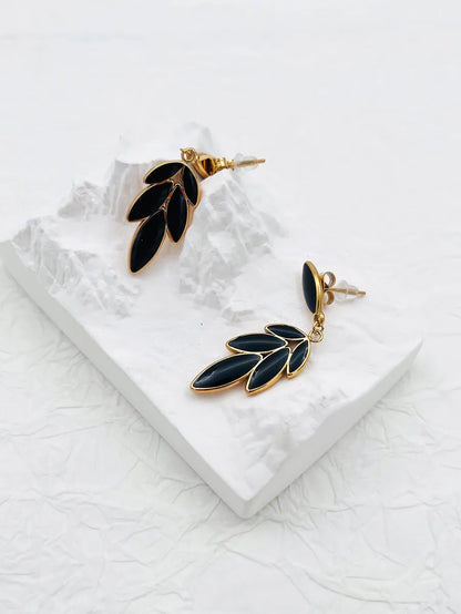 1 Pair Simple Style Leaves Inlay Stainless Steel Obsidian 18K Gold Plated Drop Earrings