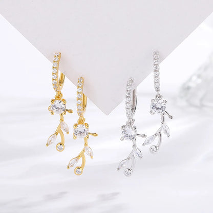 1 Pair Simple Style Leaves Inlay Sterling Silver Zircon Drop Earrings