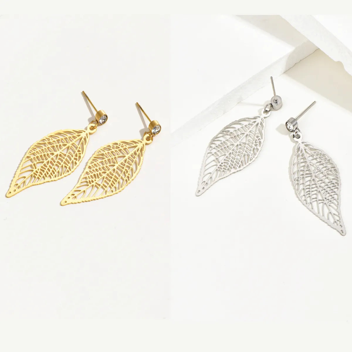 1 Pair Simple Style Leaves Stainless Steel Plating Hollow Out Inlay Rhinestones Drop Earrings