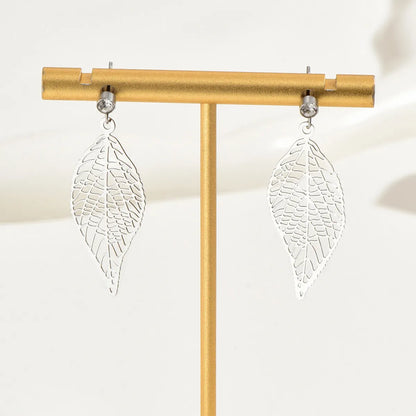 1 Pair Simple Style Leaves Stainless Steel Plating Hollow Out Inlay Rhinestones Drop Earrings