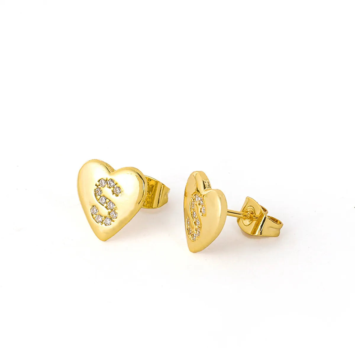 1 Pair Simple Style Letter Heart Shape Inlay Copper Rhinestones 18K Gold Plated White Gold Plated Ear Studs