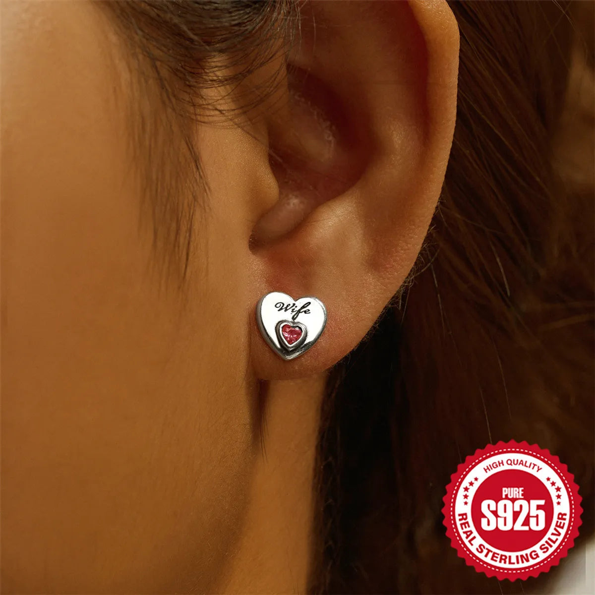 1 Pair Simple Style Letter Heart Shape Plating Inlay Sterling Silver Zircon Ear Studs