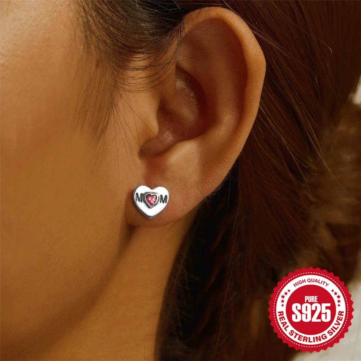 1 Pair Simple Style Letter Heart Shape Plating Inlay Sterling Silver Zircon Ear Studs