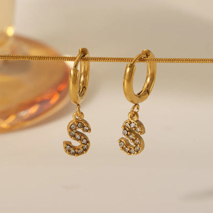 1 Pair Simple Style Letter Inlay 304 Stainless Steel Zircon 18K Gold Plated Drop Earrings