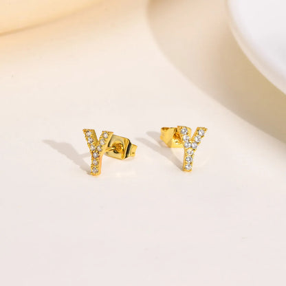 1 Pair Simple Style Letter Inlay Copper Zircon Gold Plated Ear Studs