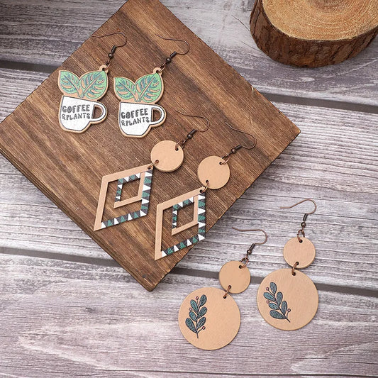 1 Pair Simple Style Letter Stripe Hollow Out Wood Drop Earrings