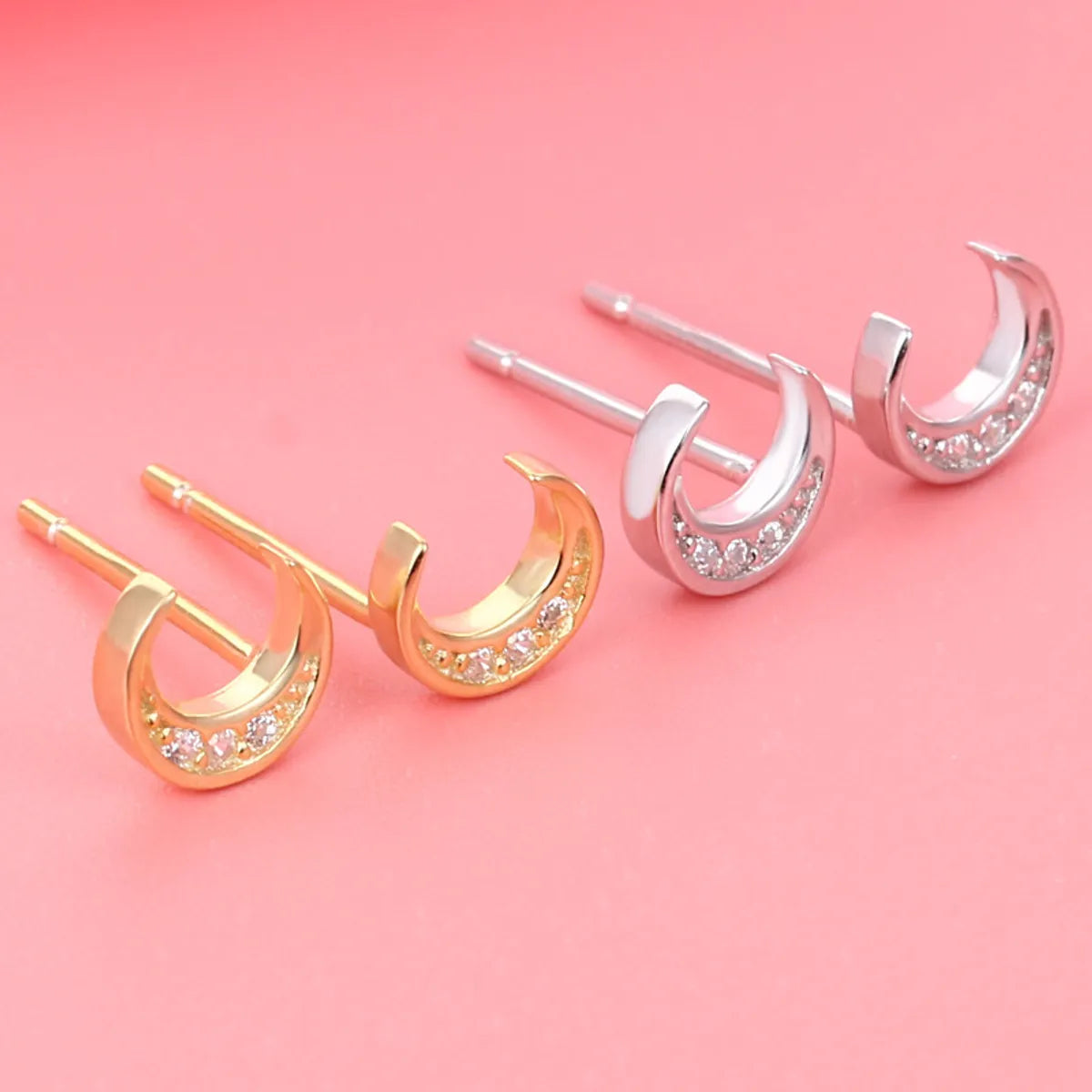 1 Pair Simple Style Moon Plating Inlay Sterling Silver Zircon 18k Gold Plated Ear Studs