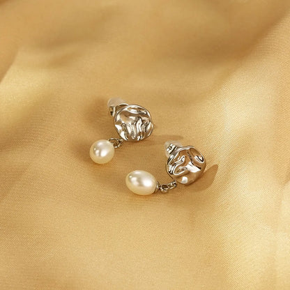 1 Pair Simple Style Oval Inlay 304 Stainless Steel Pearl 18K Gold Plated Drop Earrings