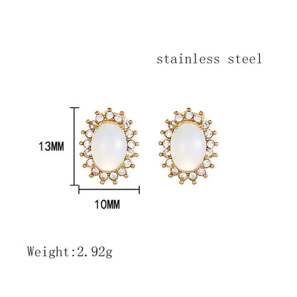 1 Pair Simple Style Oval Inlay Titanium Steel Rhinestones Opal Ear Studs