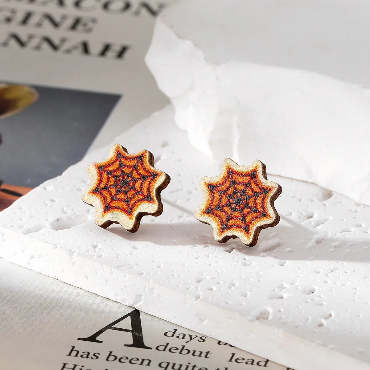 1 Pair Simple Style Pumpkin Spider Spider Web Alloy Wood Ear Studs