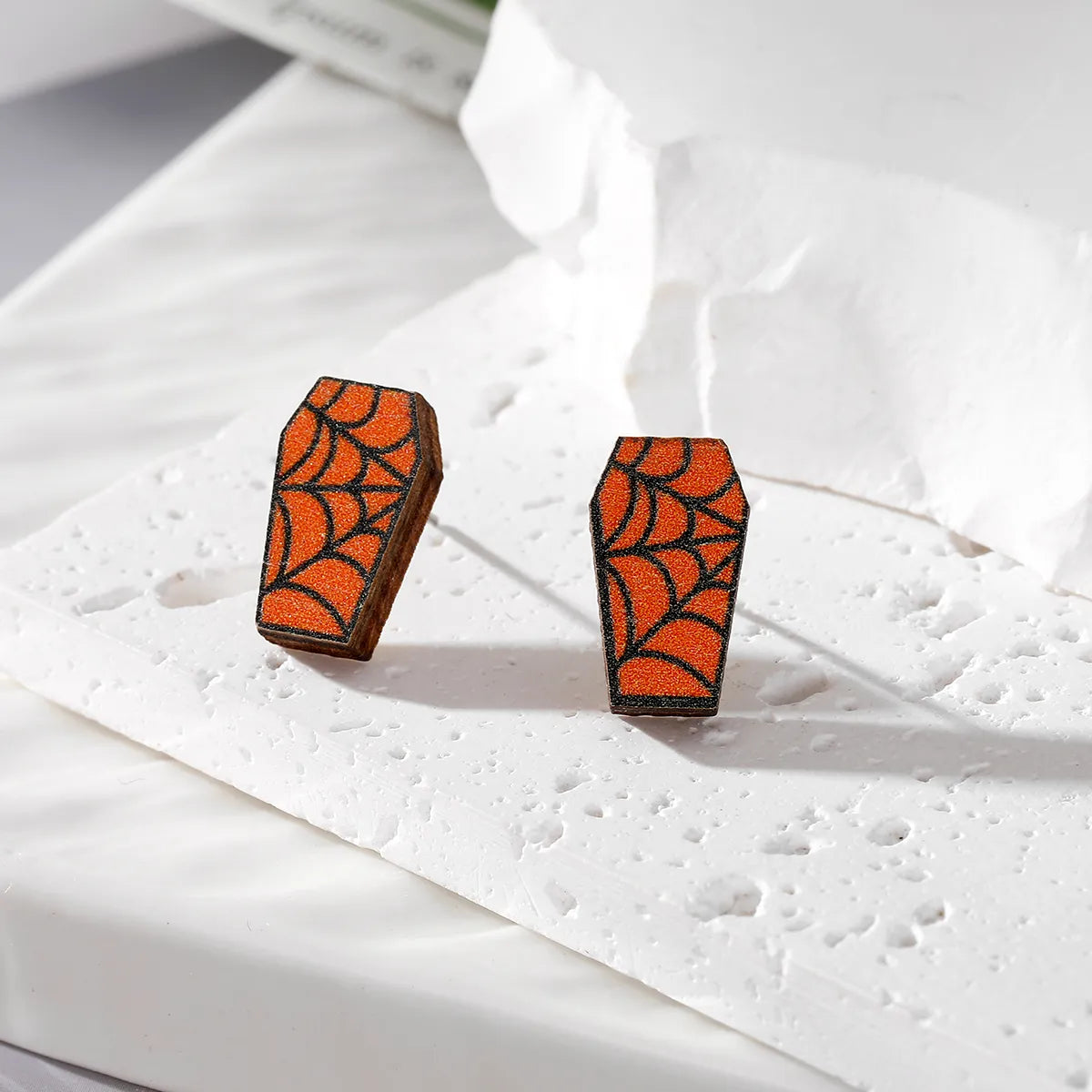 1 Pair Simple Style Pumpkin Spider Spider Web Alloy Wood Ear Studs