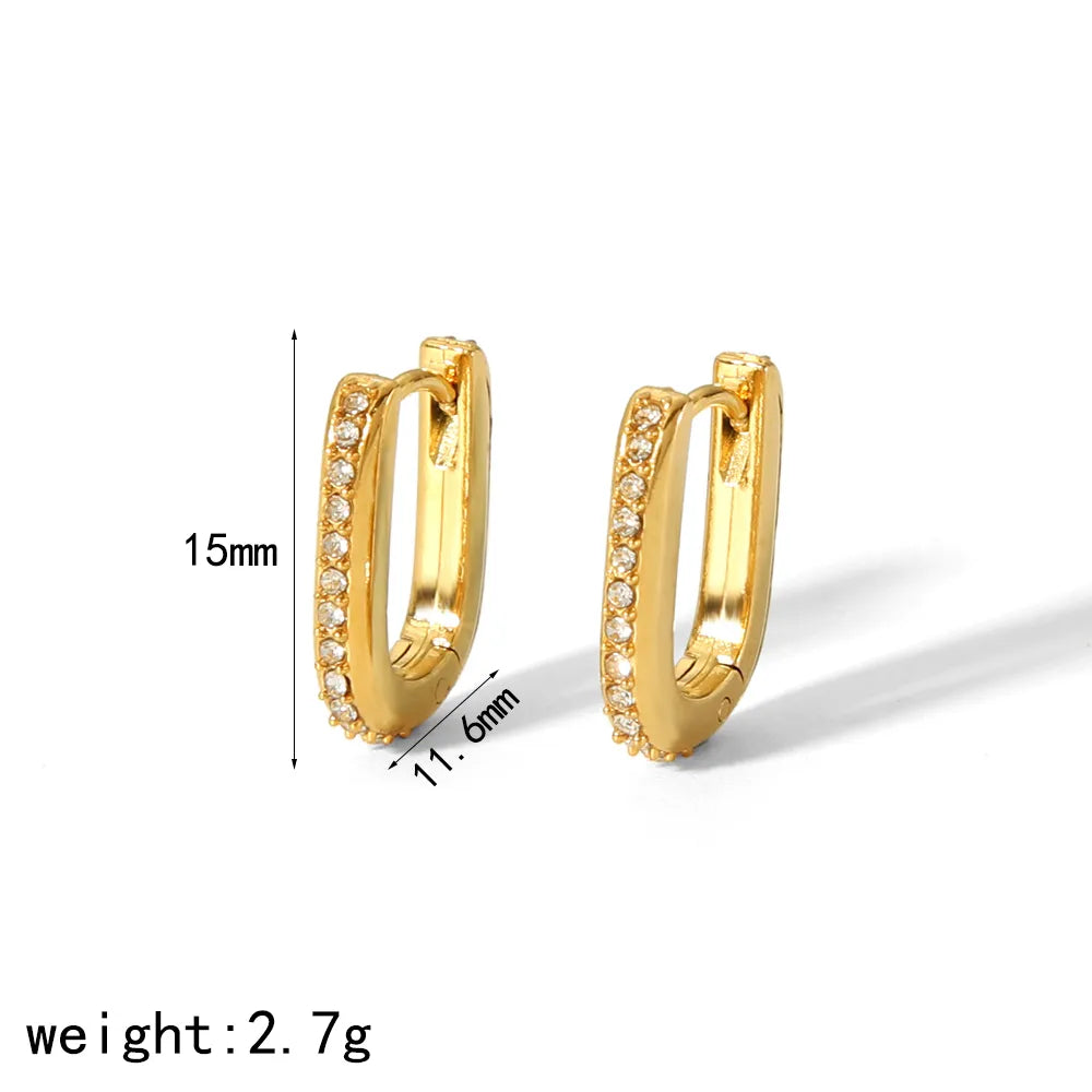 1 Pair Simple Style Quadrilateral Polishing Plating 304 Stainless Steel Zircon Hoop Earrings