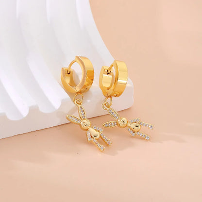 1 Pair Simple Style Rabbit Bear Plating Inlay 304 Stainless Steel Copper Zircon K Gold Plated Drop Earrings