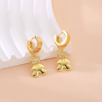 1 Pair Simple Style Rabbit Bear Plating Inlay 304 Stainless Steel Copper Zircon K Gold Plated Drop Earrings