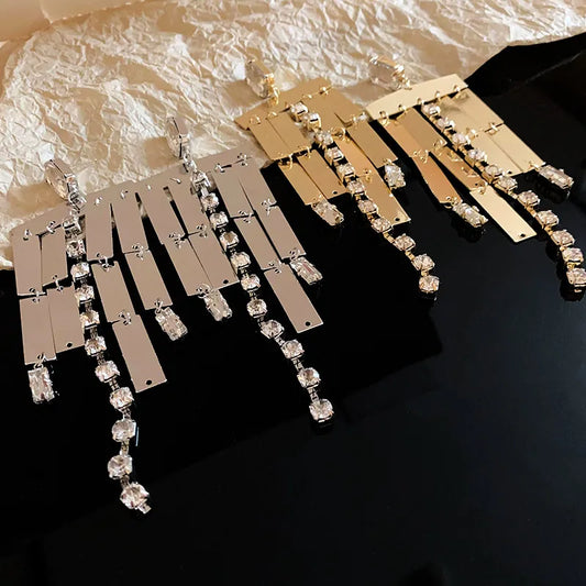 1 Pair Simple Style Rectangle Tassel Inlay Alloy Rhinestones Drop Earrings