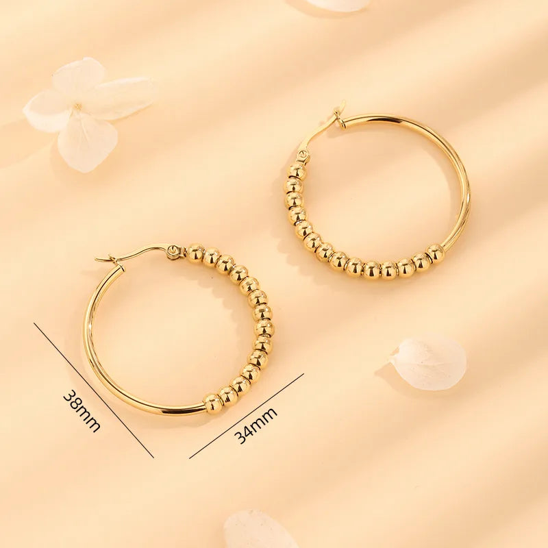 1 Pair Simple Style Round Beaded Polishing Titanium Steel 18K Gold Plated Hoop Earrings