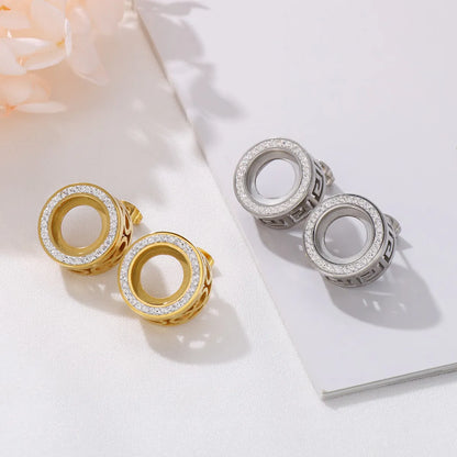 1 Pair Simple Style Round Hollow Out Inlay Stainless Steel Rhinestones Ear Studs