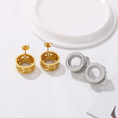 1 Pair Simple Style Round Hollow Out Inlay Stainless Steel Rhinestones Ear Studs