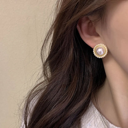 1 Pair Simple Style Round Inlay Alloy Pearl Zircon Ear Studs