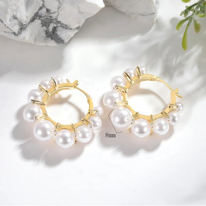 1 Pair Simple Style Round Inlay Copper Artificial Pearls 18K Gold Plated Earrings