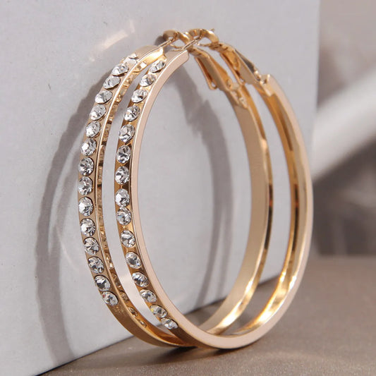 1 Pair Simple Style Round Inlay Steel Rhinestones Hoop Earrings