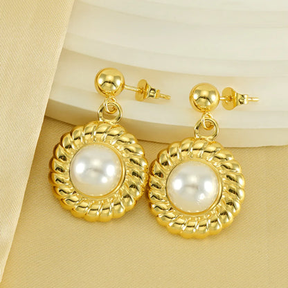 1 Pair Simple Style Round Plating Inlay Stainless Steel Artificial Pearls 18k Gold Plated Drop Earrings