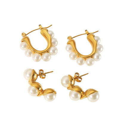 1 Pair Simple Style Round Polishing Plating Inlay 304 Stainless Steel Artificial Pearls Earrings