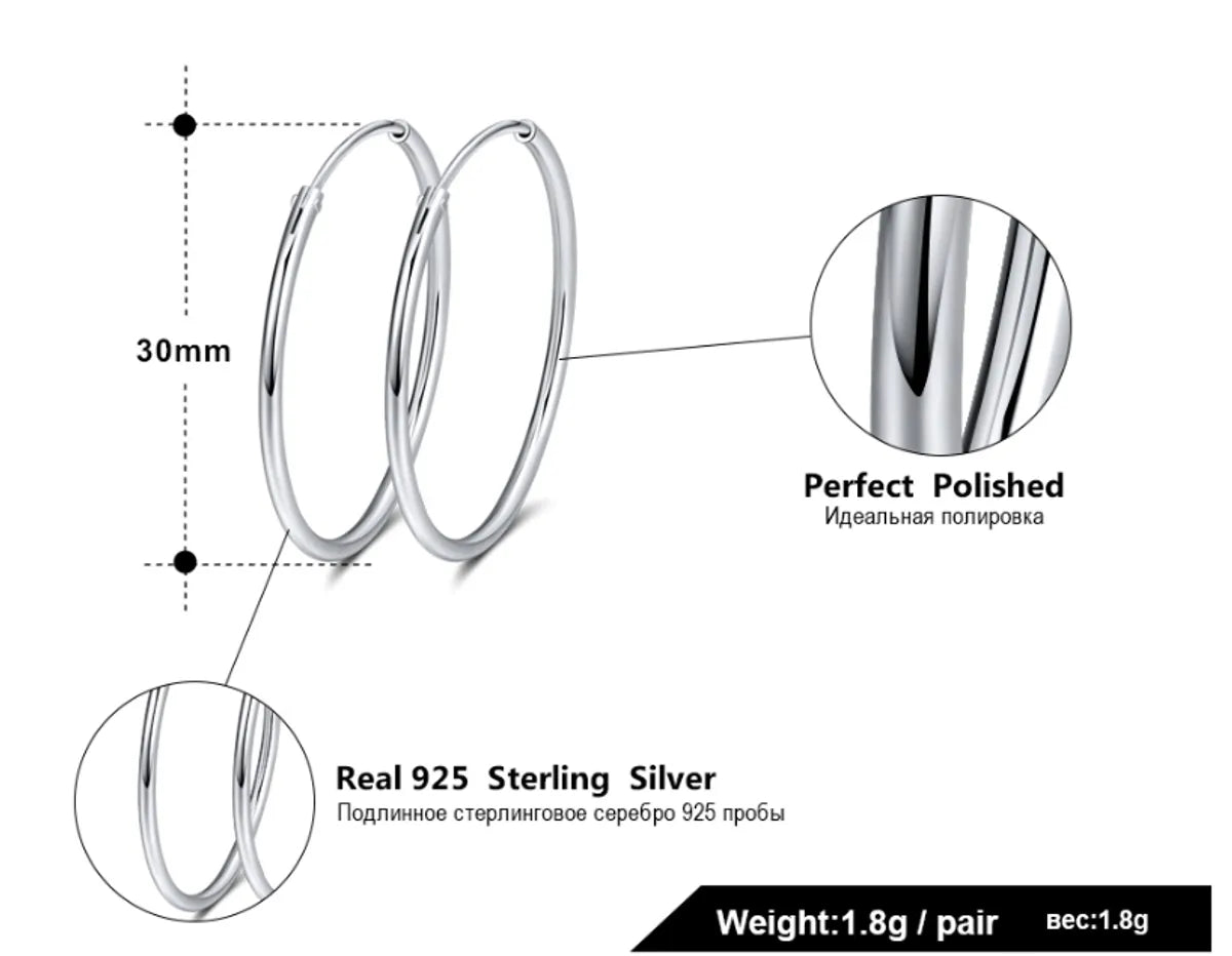 1 Pair Simple Style Round Polishing Plating Sterling Silver White Gold Plated Hoop Earrings