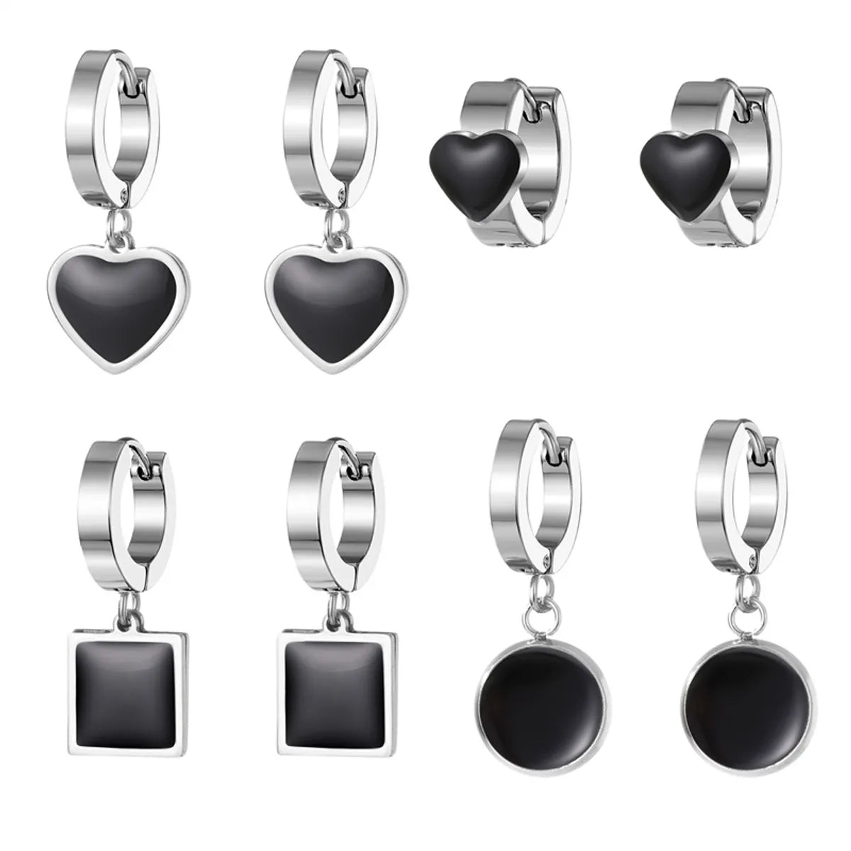 1 Pair Simple Style Round Square Heart Shape Stainless Steel Enamel Plating Dangling Earrings