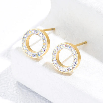 1 Pair Simple Style Round Stainless Steel Plating Inlay Rhinestones 14k Gold Plated Ear Studs