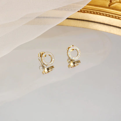 1 Pair Simple Style Round Stainless Steel Plating Inlay Rhinestones 14k Gold Plated Ear Studs