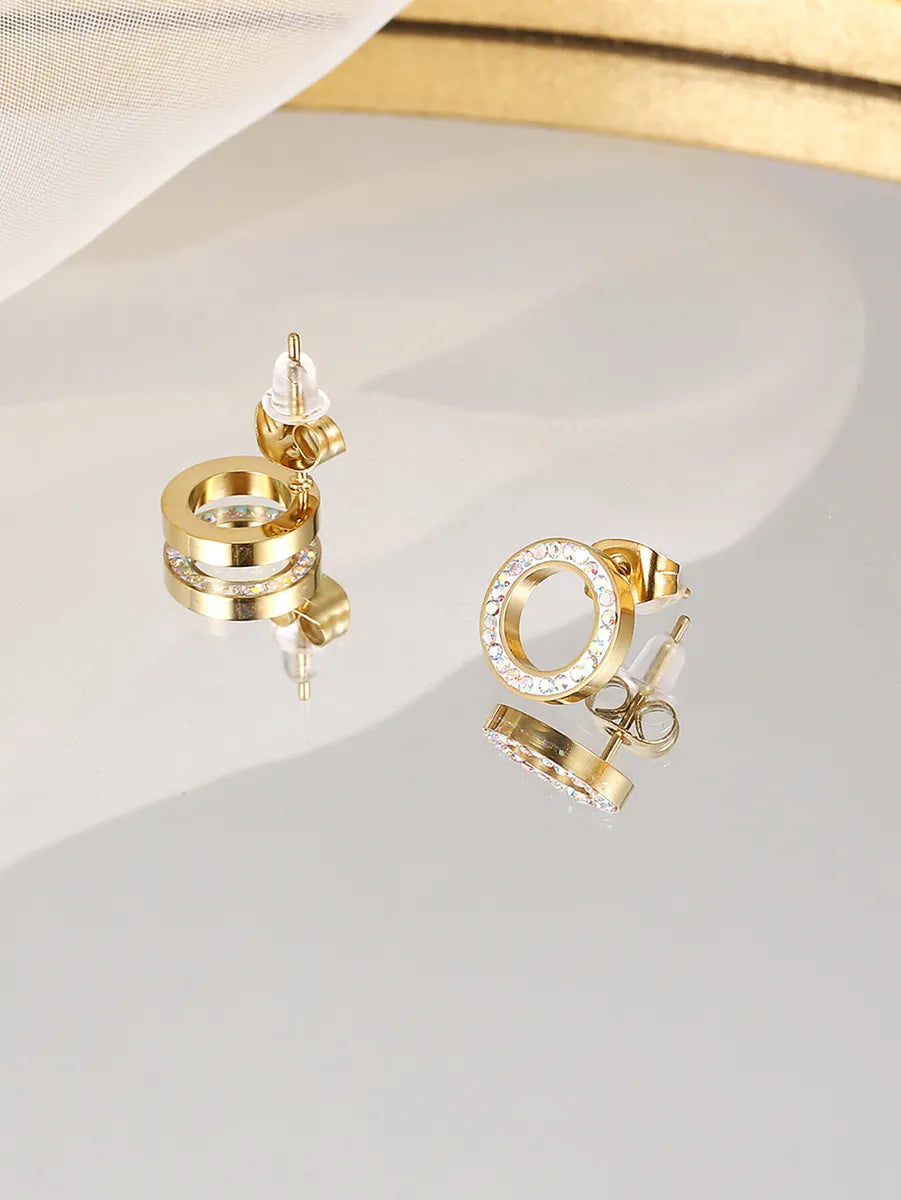 1 Pair Simple Style Round Stainless Steel Plating Inlay Rhinestones 14k Gold Plated Ear Studs